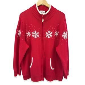 Quacker Factory 2X Red Angora Lambs Wool Sweater Zip Cardigan Snowflakes Beaded